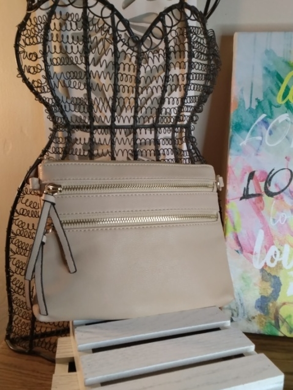 Neutral Beige Crossbody Purse with Gold Zippers - Women